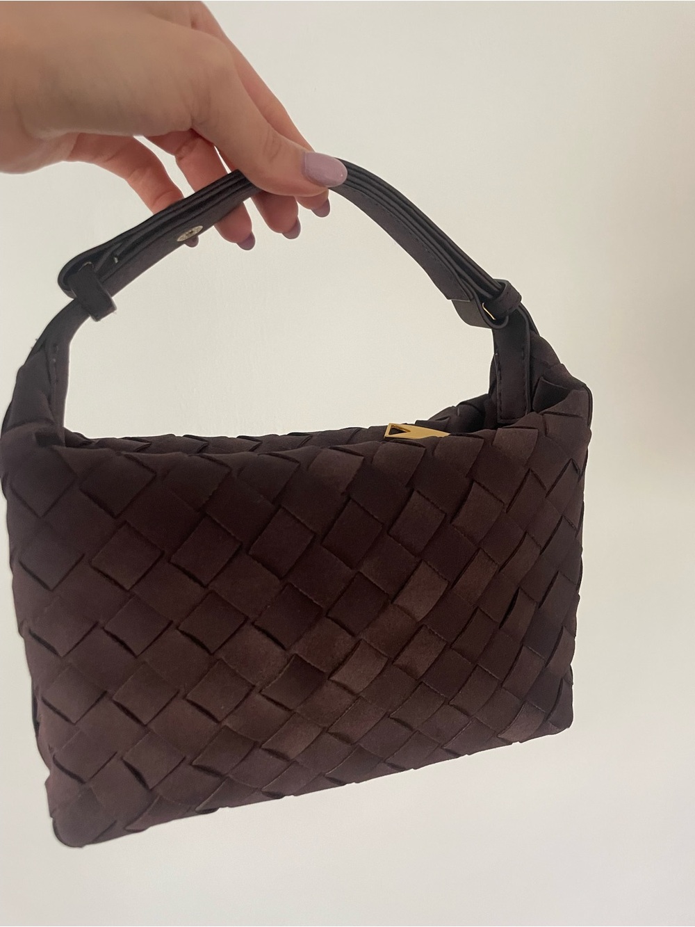 Woven Faux Suede Shoulder Bag in Dark Brown